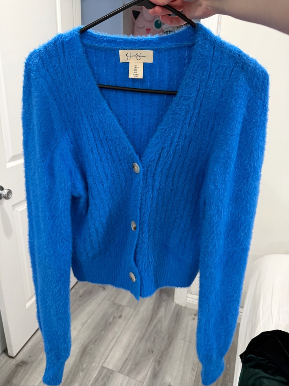 Joan Vass Bright Blue Fuzzy V-Neck Button Cardigan